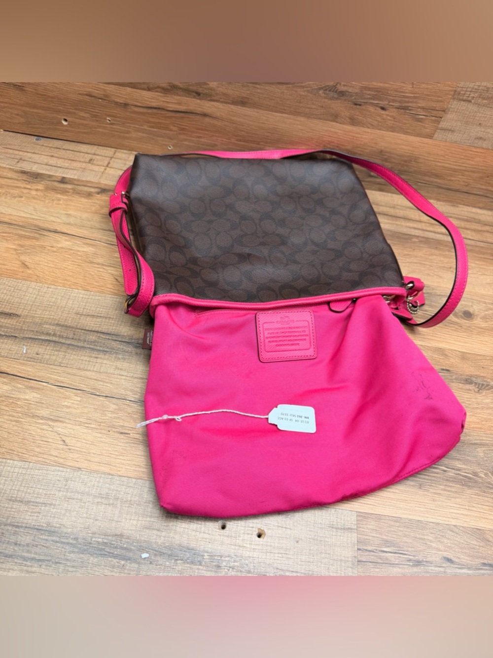 Coach Dark Brown Signature Crossbody with Bright Pink Trim - Picture 3 of 7